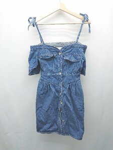 ◇ CECIL McBEE 無地 バックウエストゴム オフショルダー 半袖 膝丈 ワンピース サイズM ブルー レディース E