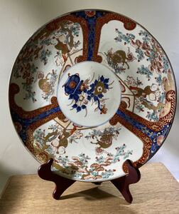 古伊万里　花籠　唐獅子図　色絵　金彩　大皿４０cm 文政期　箱　西と