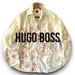 C01 美品 鮮やかな逸品！ 定価4万 XLぐらい 40『ヒューゴボス HUGO BOSS』長袖 シャツ まるでアート フラワー 花柄 イエロー ホワイト