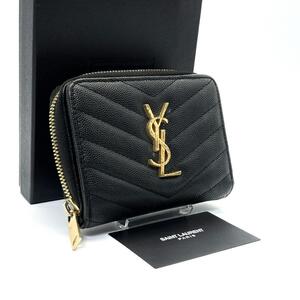 極美品◆SAINT LAURENT サンローラン 二つ折り財布 ２つ折り コンパクトウォレット キルティング キャビアスキン YSLロゴ カサンドラ 黒