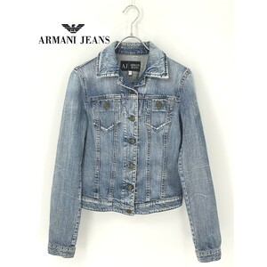 A9922/美品 春夏 ARMANI JEANS アルマーニジーンズ コットン スレ加工 ショート丈 デニム ブルゾン ジャケット 38 L程 青 レディース