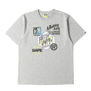 美品 A BATHING APE ア ベイシング エイプ Tシャツ サイズ:L 22AW エンブレム グラフィック クルーネック 半袖Tシャツ グレー トップス