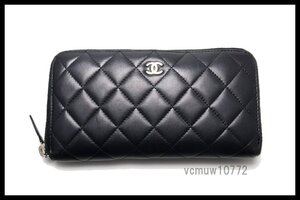 希少美中古■CHANEL 15番台 SV金具 マトラッセ レザー ラウンドファスナー 長財布 シャネル■1114ap160873