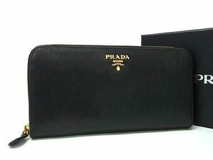 1円 PRADA プラダ レザー ラウンドファスナー 長財布 ウォレット 小銭入れ 札入れ レディース メンズ ブラック系 FD2405