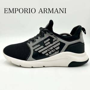 1円 【美品】 EMPORIO ARMANI エンポリオアルマーニ 【圧倒的高級感】 スニーカー シューズ 靴 エンブレム メッシュ ブラック 黒 28.0cm位