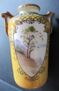 明治【オールド・ノリタケ】Old Noritake 花瓶/アンティーク/黄/樹のある風景