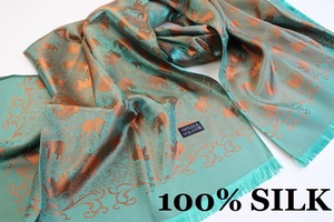 新品【SILK シルク100%】エレファント 象 ペイズリー柄 大判 ストール/スカーフ エメラルドグリーン系 オレンジ