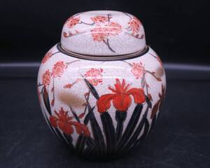 【色絵桜花菖蒲文茶入れ／古薩摩／島津家の家紋入り／伝世品】