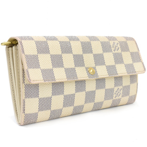 1円 ◆美品 LOUIS VUITTON ルイヴィトン ポルトフォイユサラ 二つ折り長財布 N61735 ダミエアズール アイボリー◆E.Csiu.oR-16