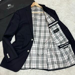 美品!!希少Lサイズ●BURBERRY BLACK LABEL バーバリーブラックレーベル 極上シルク テーラードジャケット 紺ブレ 銀ボタン ノバチェック 