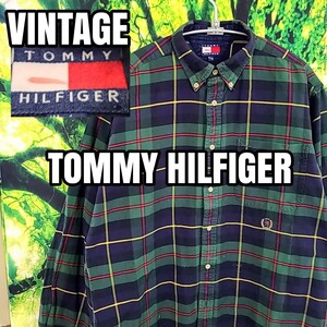 90s 90年代 ビンテージ TOMMY HILFIGER トミーヒルフィガー 緑 チェック シャツ 長袖シャツ ヴィンテージ 刺繍ロゴ コットン