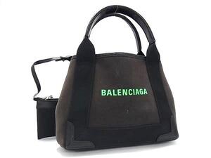 1円 BALENCIAGA バレンシアガ 390346 ネイビーカバスXS キャンバス×レザー ポーチ付き ハンドバッグ ブラック系 FG4092