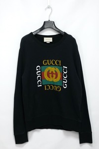 2018AW GUCCI グッチ　ヴィンテージ加工　プリント　ロゴ　クルーネック　スウェットトップス　Mサイズ　ブラック　コットン100%