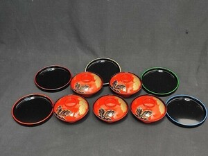 中古品 漆塗り 汁椀 価成 5客 うるし工芸 多用皿 米永 5客 計10点 セット 朱 菊葉 吸碗 大丸デパート 蓋つき 菓子皿 おもてなし 管39408253