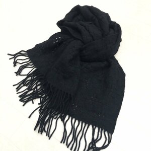 美品 PURE CASHMERE 《繊維の宝石》上質 カシミヤ100% クロス編み フリンジ ニット マフラー ブラック 日本製 ストール ショール カシミア