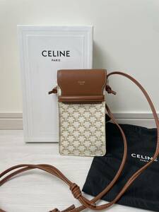 美品【セリーヌ】CELINEトリオンフ　モバイルポーチ　スマホショルダーバッグ　celine ホワイト　タン　白　ミニショルダーバッグ