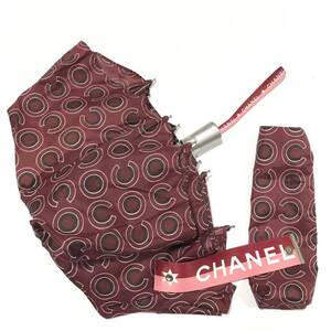 【シャネル】本物 CHANEL 折り畳み傘 C総柄 ロゴモチーフ 全長55cm 雨傘 アンブレラ 雨具 ワンタッチ式 フランス製 カバー付き