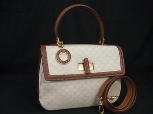 1円 CELINE セリーヌ マカダム柄 PVC×レザー 2WAY ワンハンドル ハンドバッグ ショルダー 斜め掛け アイボリー系×ブラウン系 FF2868