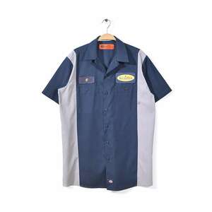 【送料無料】ディッキーズ ワークシャツ 企業物 ワッペン 半袖シャツ 紺灰 2トーン DICKIES メンズM アメカジ 古着 @CB1166