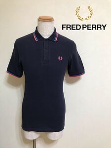 FRED PERRY フレッドペリー 鹿の子 ポロシャツ トップス ネイビー イングランド製 半袖 サイズ36 ヒットユニオン M12N