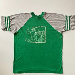 velvasheen アメリカ製 ボディビル Tシャツ vintage 80年代 M(表記XL) L.A古着屋購入 ラグラン袖ライン スクール トレーニング Rick