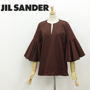 美品◆JIL SANDER ジル サンダー キーネック コットン フレアスリーブ ブラウス トップス 茶 ブラウン 32