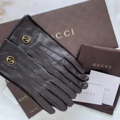 タグ付未使用品☆GUCCI グッチ レザーグローブ GG インターロッキング 茶