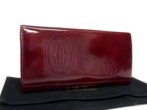 1円 Cartier カルティエ ハッピーバースデー パテントレザー 二つ折り 長財布 ウォレット 札入れ 小銭入れ ボルドー系 FF8767