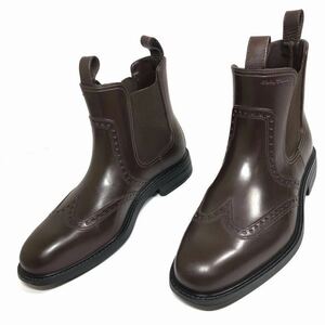 【フェラガモ】基準内 Ferragamo 靴 24cm 茶 レインブーツ サイドゴアブーツ カジュアルシューズ ラバー 男性用 メンズ 伊製 6 EE / EEE