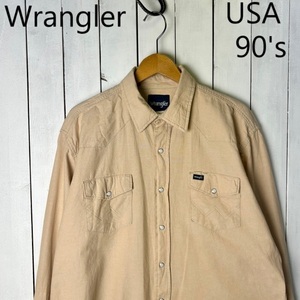 sh●629 USA古着 90s Wrangler ウエスタンシャツ XL ベージュ オールド ヴィンテージ アメリカ古着 ラングラー 長袖 無地