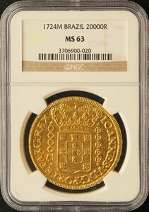 アンティークコイン ブラジル 1724M 20,000レイス金貨 NGC MS63（3706900-020）