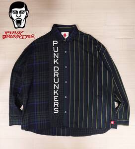 PUNK DRUNKERS/パンクドランカーズ/チェックx2 ストライプシャツ/ブラックウォッチチェック×ストライプ/SIZE XL/ビッグシルエット