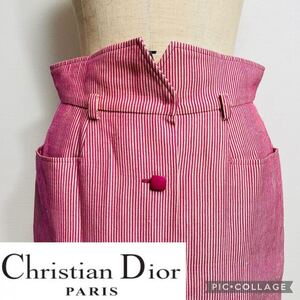 ヴィンテージ◆Christian Dior クリスチャン ディオール ストライプ柄 フロントボタン ハイウエスト スカート 赤 レッド×ホワイト M