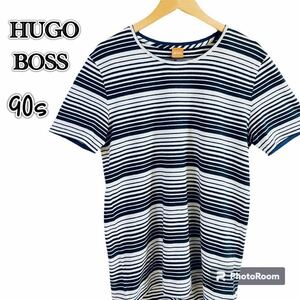 HUGO BOSS半袖Tシャツ/オレンジヒューゴボス/90sボーダー柄カットソーLサイズ