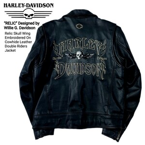 定価11.8万円 HARLEY-DAVIDSON ハーレーダビッドソン 正規品 最高級RELICスカルウィング刺繍カウレザーダブルライダースジャケット L 美品