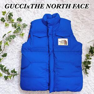 希少品　美品　GUCCIxTHE NORTH FACE グッチ ノースフェイス　コラボ　ダウンベスト　キャットロゴ　ブルー　青　大きいサイズ XL