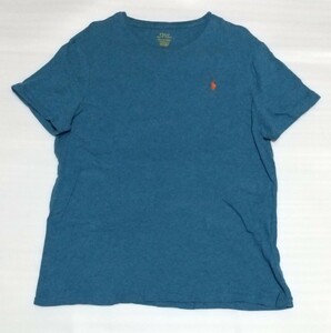 ☆POLO RALPH LAUREN サイズXL ポロ半袖Tシャツ ラルフローレン TEE CUSTOM SLIM FIT ミディアム ブルー オレンジ刺繍ロゴ ティー トップス