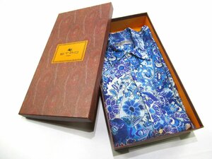 ★【B送900円】744　ETRO　エトロ　半袖シャツ　ペイズリー柄　総柄　ブルー系　麻100%　イタリア製　箱付き　S