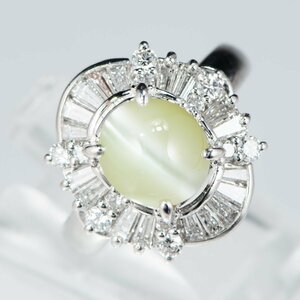 3.5ct弱 ハニーカラーキャッツアイxダイヤモンド プラチナ製リング クリソベリル Chrysoberyl Cat