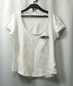 yas3-119　tommy girl（トミーガール）背面文字デザイン タイトシルエットのTシャツ/白地に紺の文字　胸元ワッペン/Sサイズ