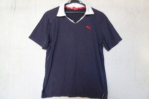 PUMA/プーマ/襟付半袖シャツ/Tシャツ素材/スキッパー襟/襟白配色/ロゴししゅう/後文字ワッペンプリント/紺/ネイビー/Oサイズ(9/12R)