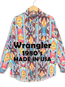 80s ラングラー USA製 ★ 幾何学模様 BD 長袖シャツ 17-34 ★ Wrangler ウエスタンシャツ ネイティブ柄 民族 ビンテージ メンズ アメリカ製