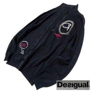 Desigual*デシグアル*ジップアップニット*日本サイズL相当*黒*矢印デザイン刺繍*メンズ*洗えます*コットンセーター*洗えます