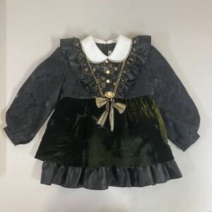 【CHILD TANI キッズ　ワンピース】レース　ベロア　ブラック　ビンテージ　ドレス　リボンとブローチ付　　古着【C8-2④】1219