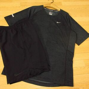 ◎美品！M 上下セット！NIKE RUNNING ナイキランニング◆ジャージ 半袖 Tシャツ&ハーフ ショートパンツ DRI-FIT◆メンズ 黒◆B4447