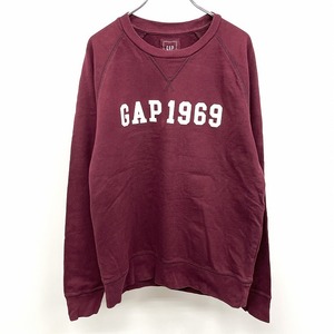 ギャップ GAP スウェットシャツ トレーナー 裏毛 Vガゼット フロッキープリント ロゴ ラグラン 長袖 綿100% M ワインレッド 赤紫系 メンズ