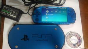 動作品です。 PSP3000　ブルー　純正ハードケース　メモリー４G付きです。