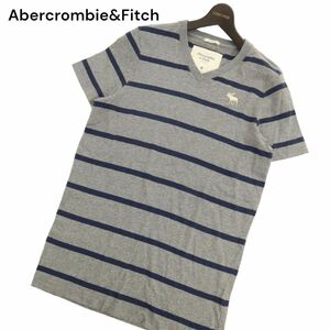 Abercrombie&Fitch アバクロンビー＆フィッチ 半袖 ロゴ刺繍★ Vネック ボーダー カットソー Tシャツ Sz.M　メンズ グレー　C4T03465_4#D