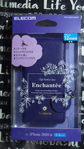 iPhone 12 mini サフィアーノ調ソフトレザーケース Enchante’e 磁石付 リング付 手帳型 ネイビー コンパクトミラー フィンガーストラップ