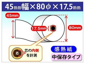 送料無料 感熱ロール紙 45mm×80mm×17.5mm 中保存タイプ (5個入)